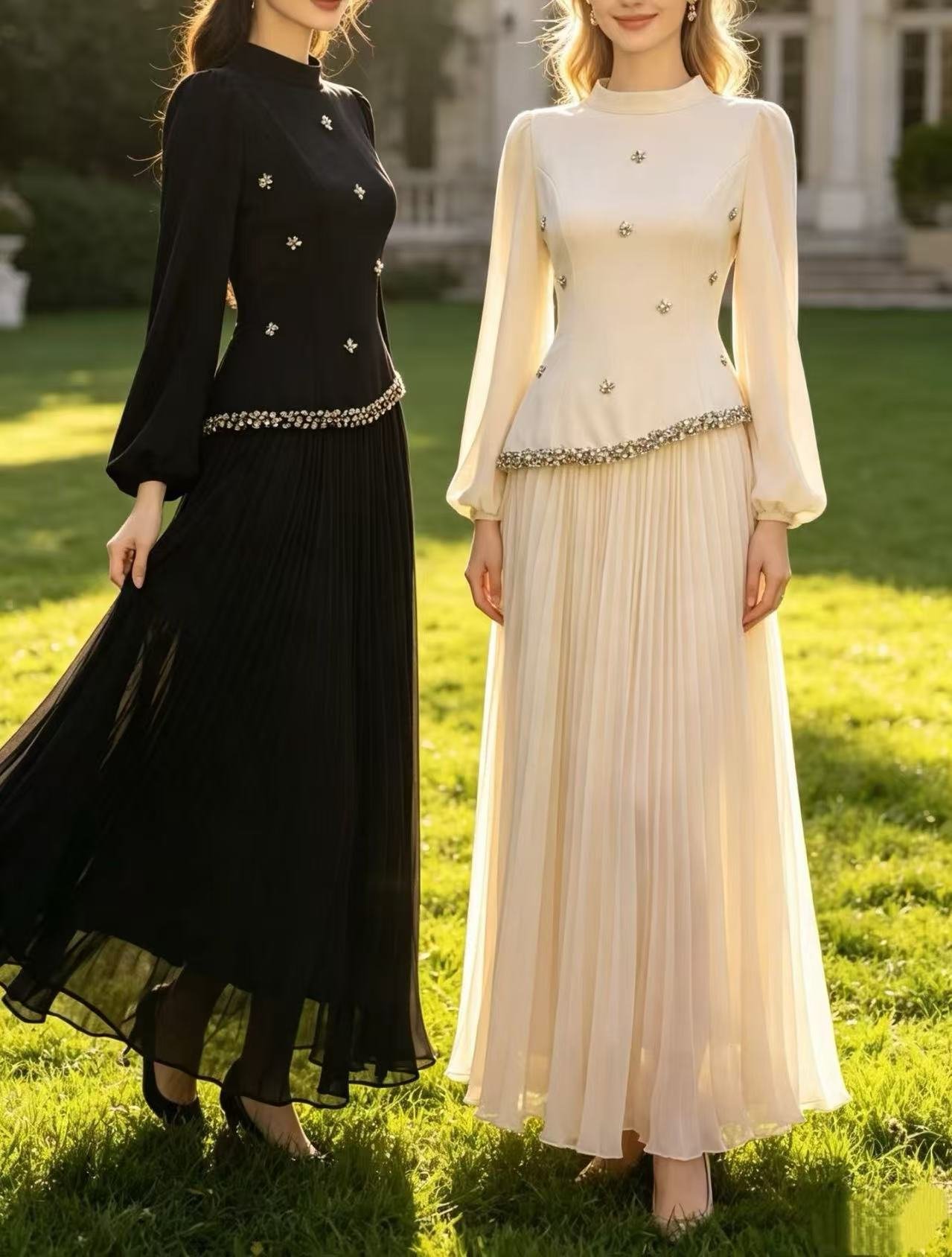 Elegant Party Evening Dress Set for Women 2026 New Model with Rhinestone Embellished Long Sleeve Top and Skirt Two-Piece Set