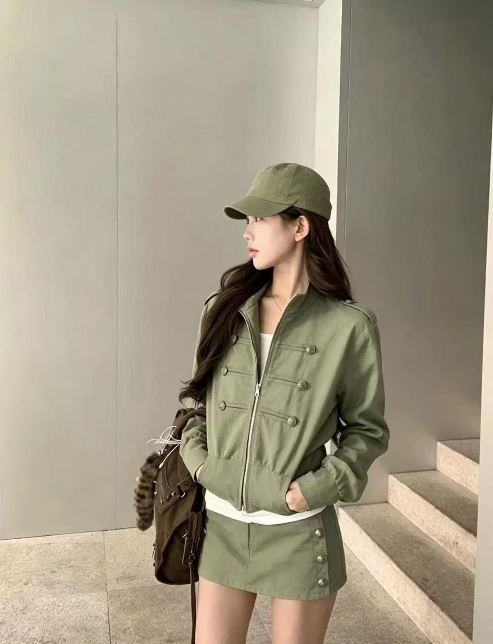 New Retro Napoleon Double-Breasted Stand-Collar Short Jacket + High-Waisted Buttoned Hip-Hugging Skirt Pants Set