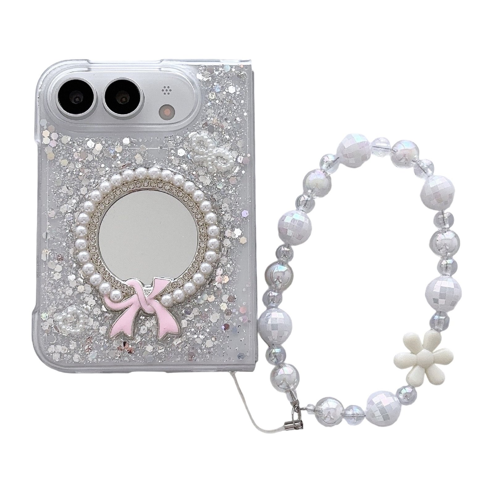 Suitable for Apple 18Duo Foldable Screen Case with Glitter Powder, iPhone 18Duo Phone Case with Mirror, Bowknot, and Bracelet Protection