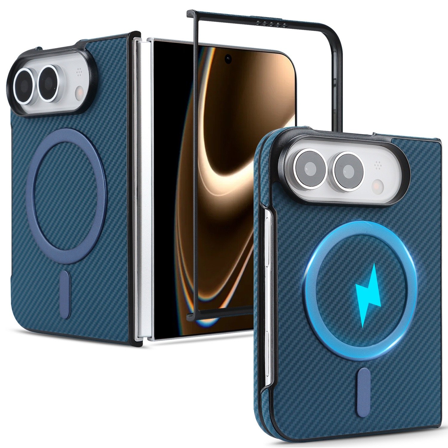 Suitable for iPhone 18 Duo Foldable Phone, Carbon Fiber Pattern Phone Case with Side Leather and Ultra-Fiber Interior, High-End Case