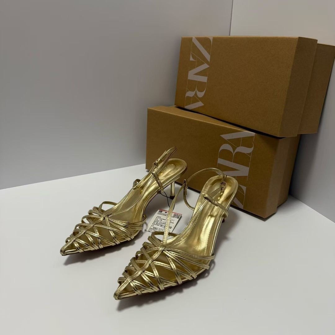 Za 2026 Cross-Border Independent Site Ins Fashion Runway Style Electroplated Heel Steel Heel Single Strap Simple Open-Toe Women's Shoes