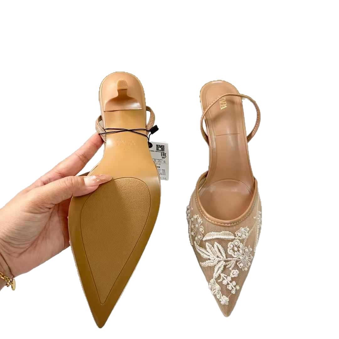 Zar Cross-Border Export 2025 Autum New Pointed Toe Toe Hollow Pure Color Embroidered Mesh Stiletto Heels Mules
