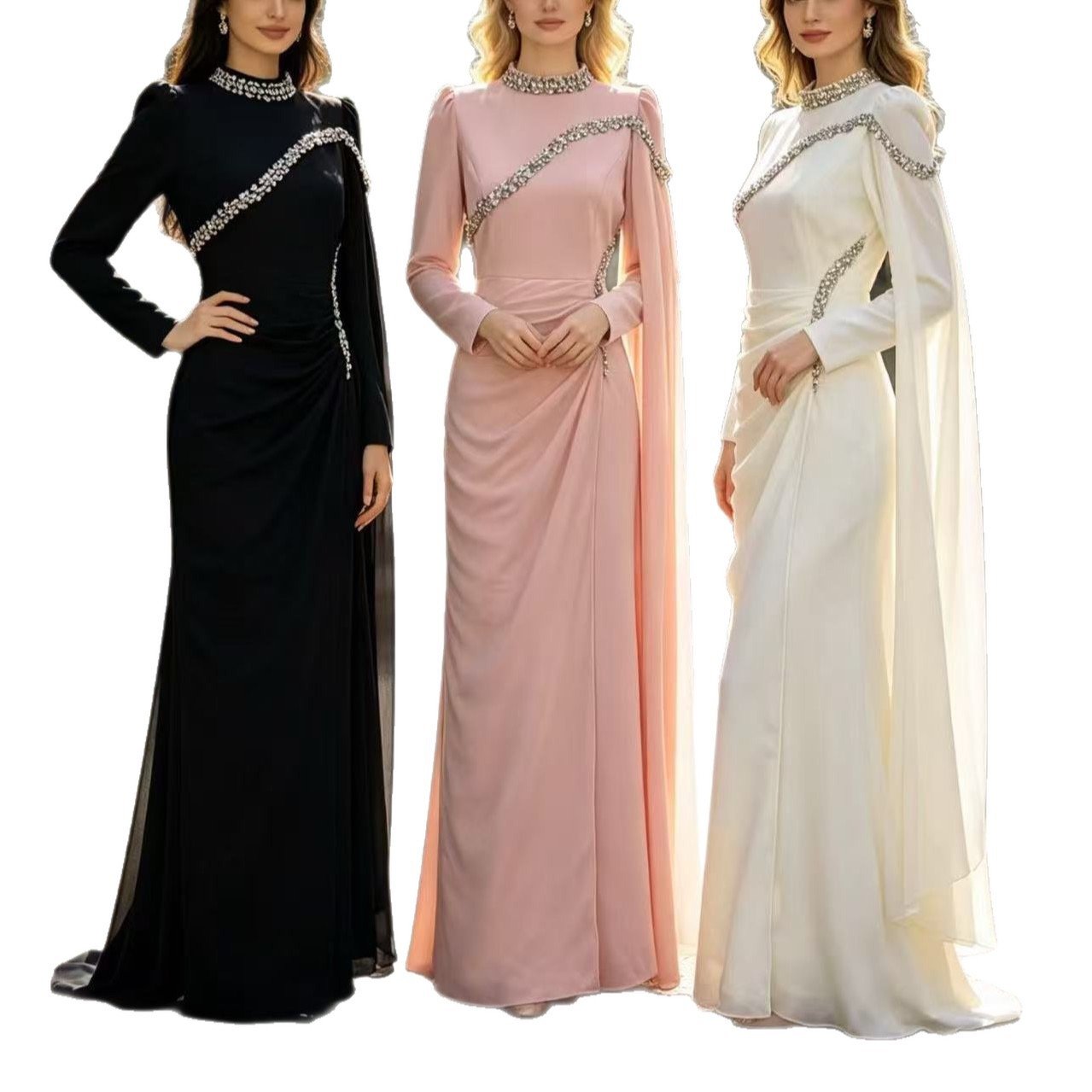 European and American fashion high-end elegant evening dress long skirt women's new heavy industry diamond pleated waist design dress