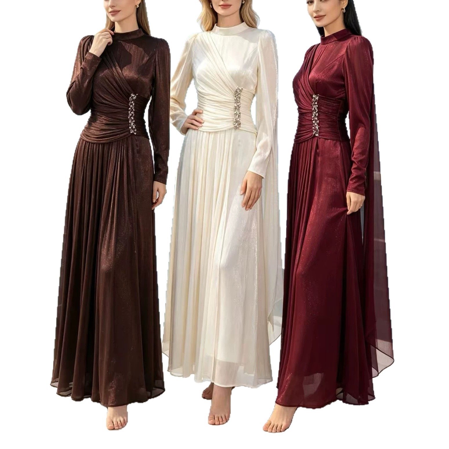European and American temperament high-end slim evening dress skirt women's new heavy industry diamond-encrusted waist stand-up collar long-sleeved dress