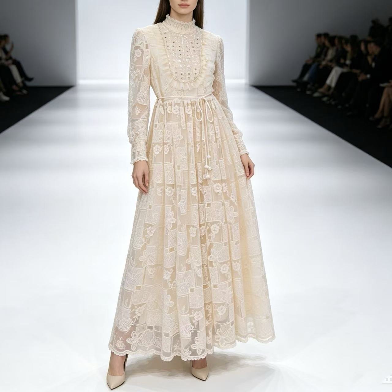 Fashionable and Elegant Embroidered Lace Long Dress for Women, 2026 New Model, Heavily Embellished with Rhinestones, Long Sleeves, Belt, Slimming Black Dress