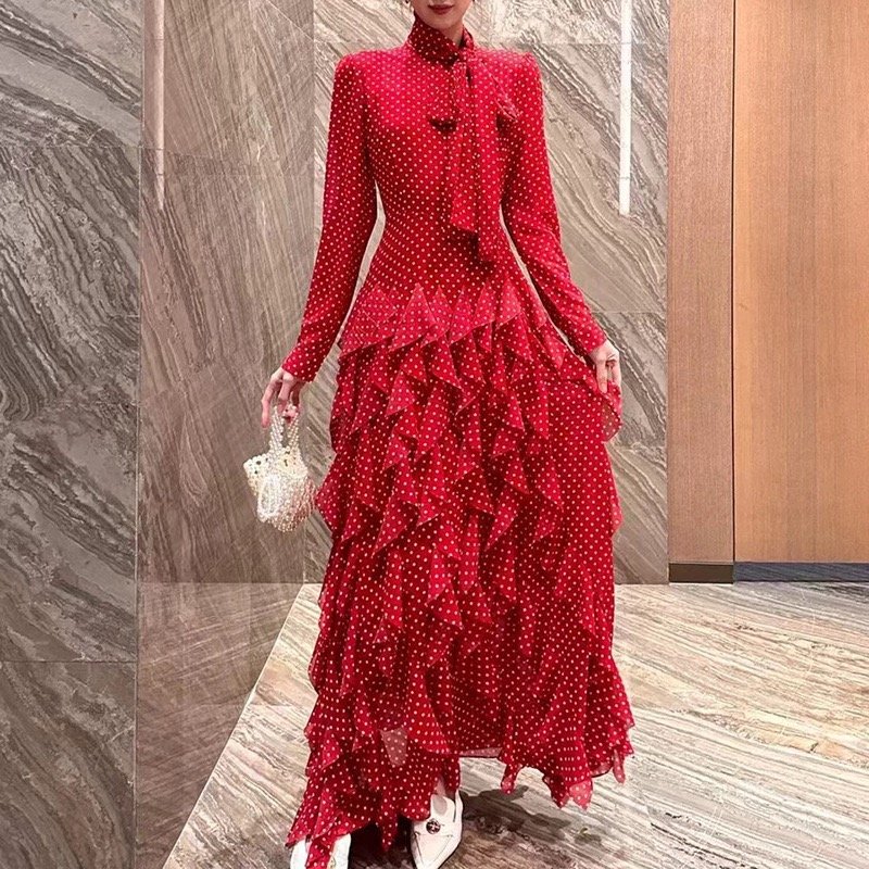 Spring and Autumn New French Style Elegant Polar Dot Slim-fit dress Design Sense Ruffled Long Sleeve Lace-up Elegant Long Dress