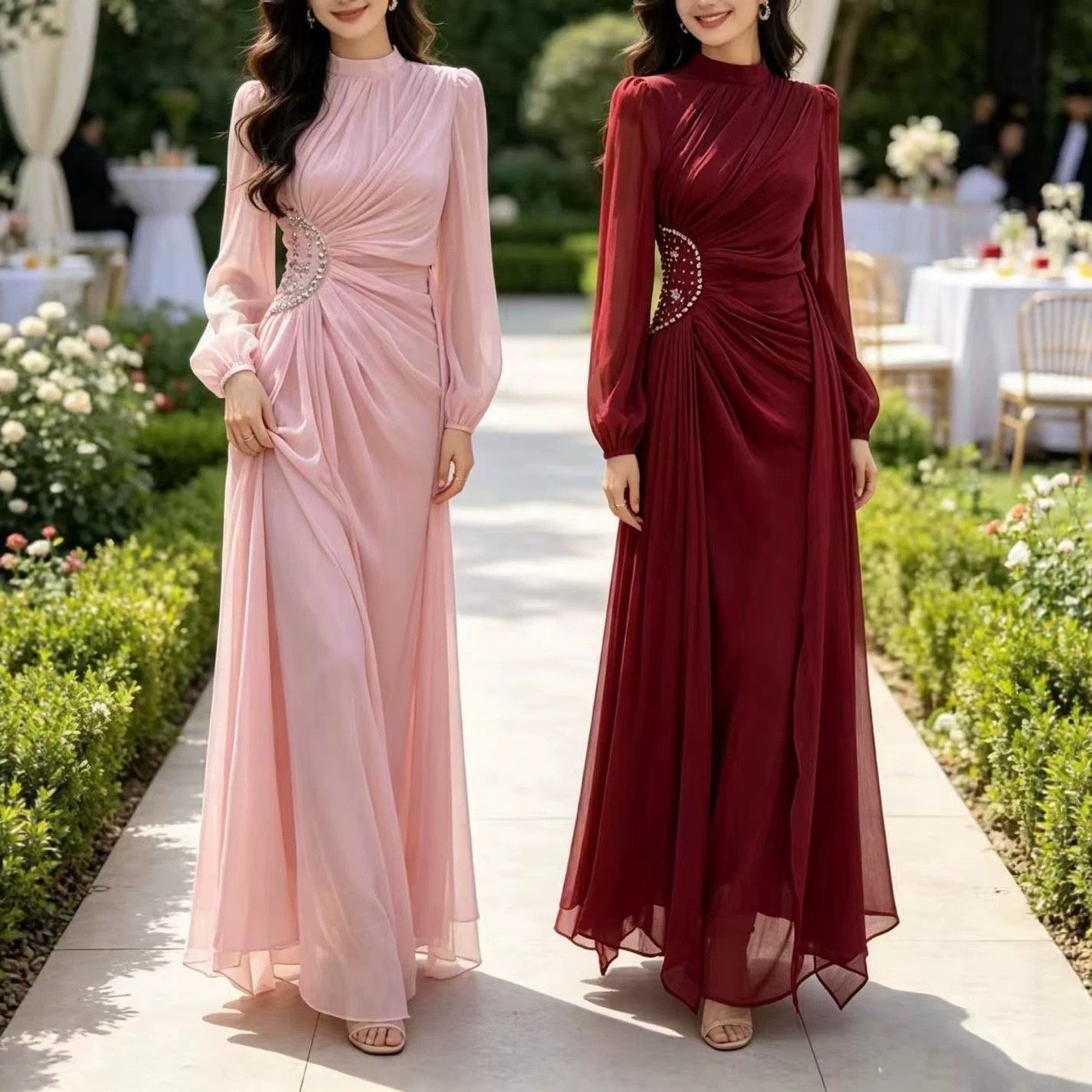 European and American fashion high-end elegant dress for women 2026 new model with rhinestones, pleated waist, elegant evening gown long dress