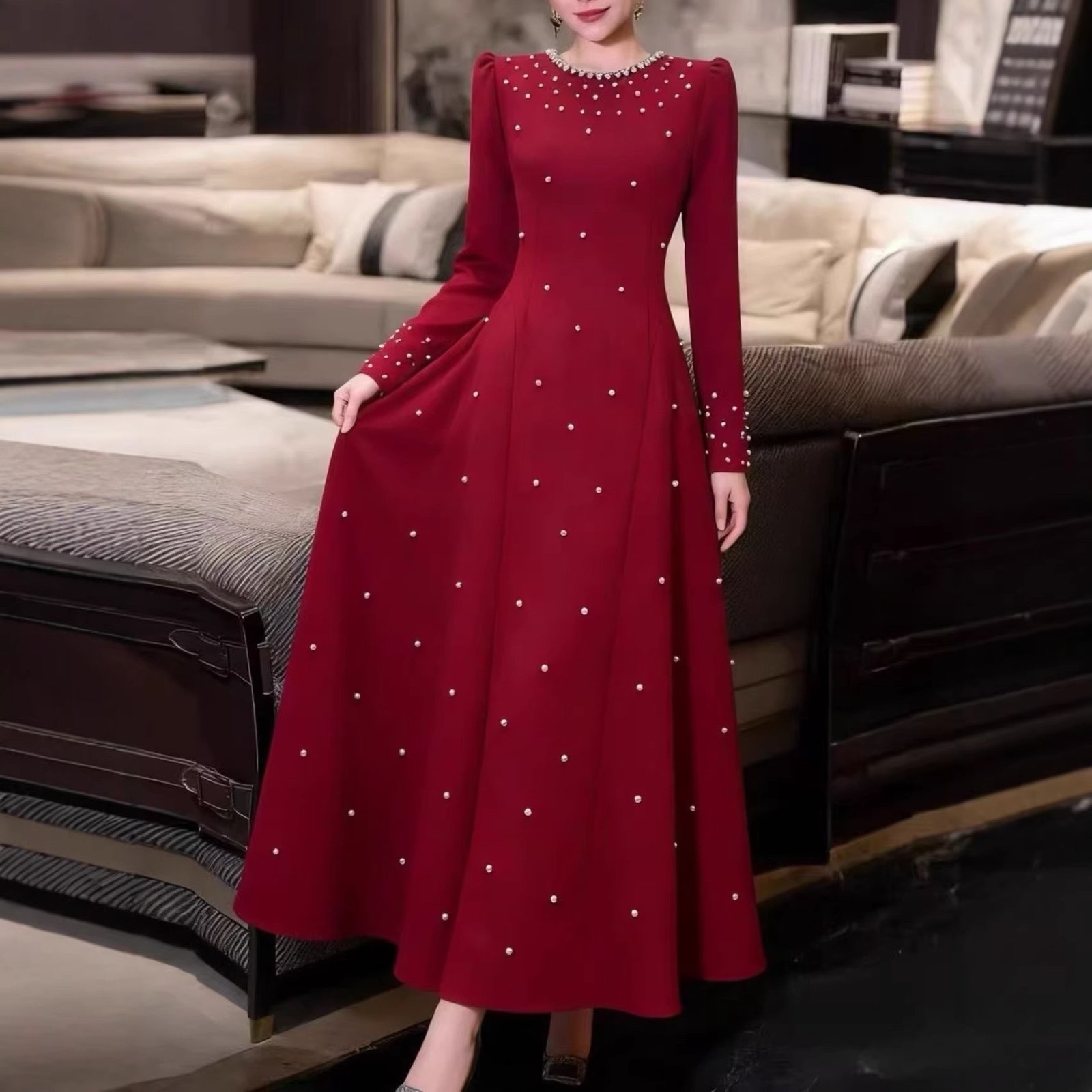 2026 New European and American Style Elegant Beaded Long-Sleeve Dress for Women, Waist-Cinching Slimming Elegant Gown, Long Red Robe
