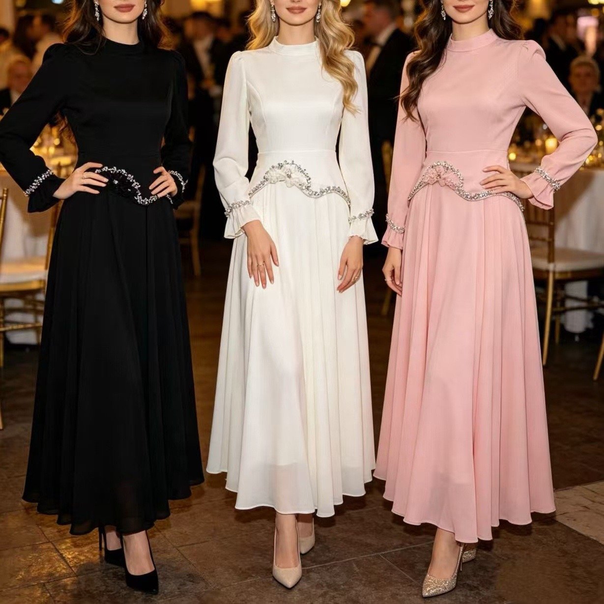 Fashionable and Elegant Long-Sleeve Dress for Women, 2026 Autumn New Style, Embellished with Rhinestone Flowers, Waist-Cinching Elegant Gown