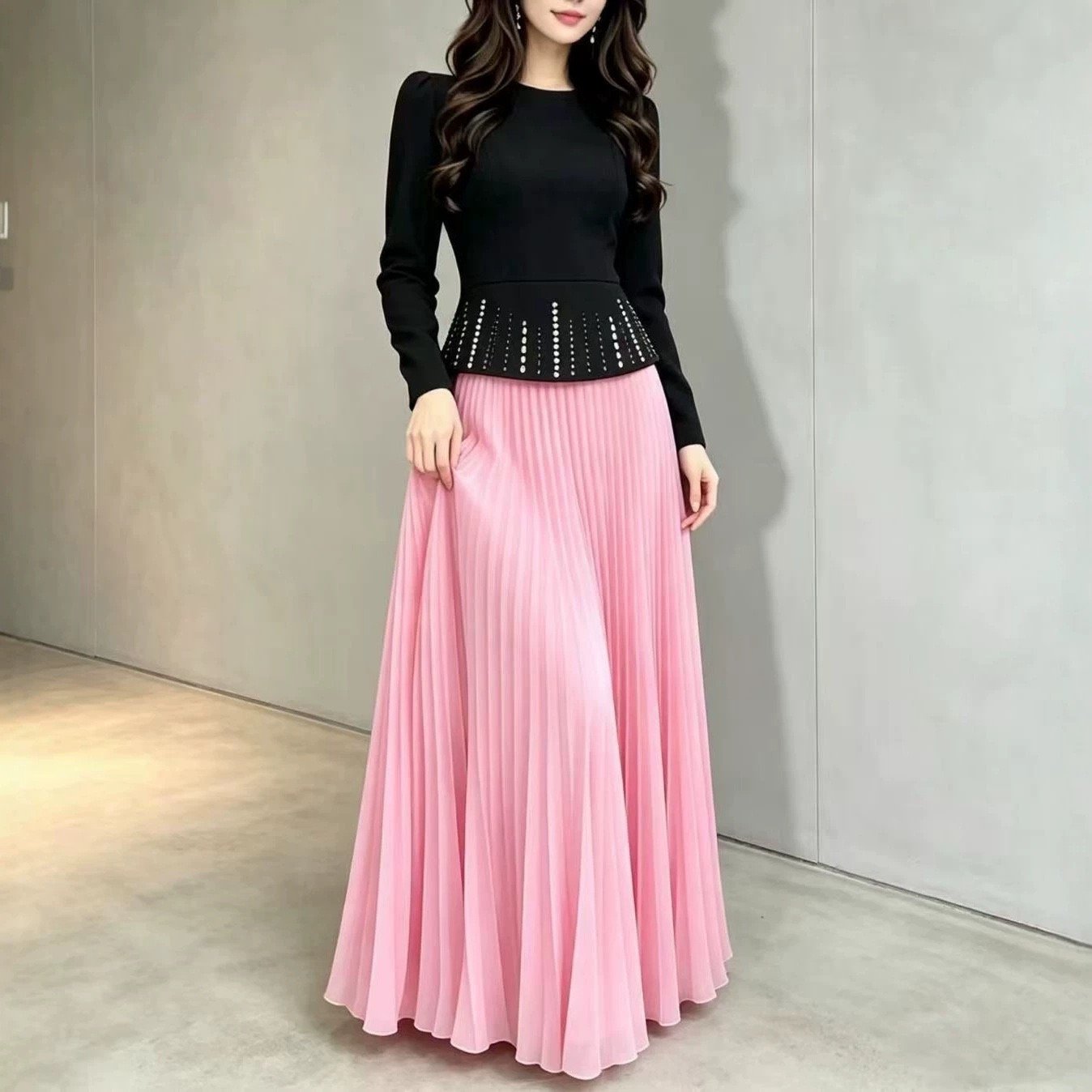 Cross-border elegant luxury skirt suit for women, 2026 new model, high-end studded long-sleeve top and skirt dress