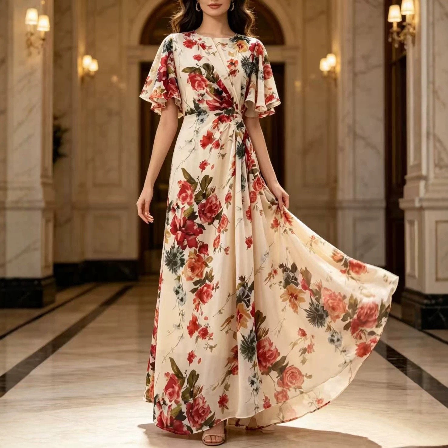 2026 Summer New European and American Fashion Style Waist-Cinching Long Dress for Women with Color-Blocking Print and Gradient Dress Gown