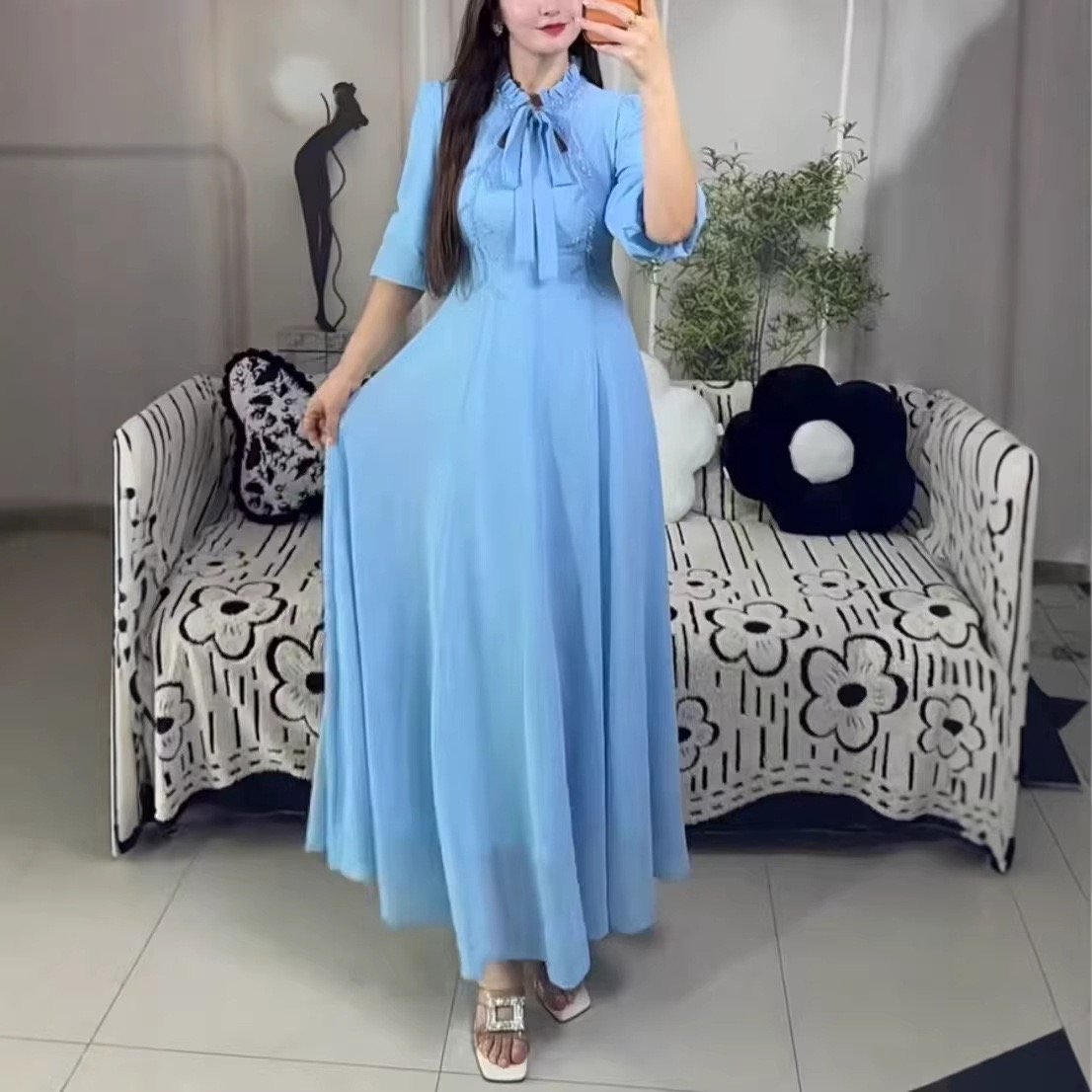 European and American Fashion Elegant Back-Tie Dress for Women 2026 Summer New Slim-Fit Waist-Cinching Short-Sleeve A-Line Long Dress