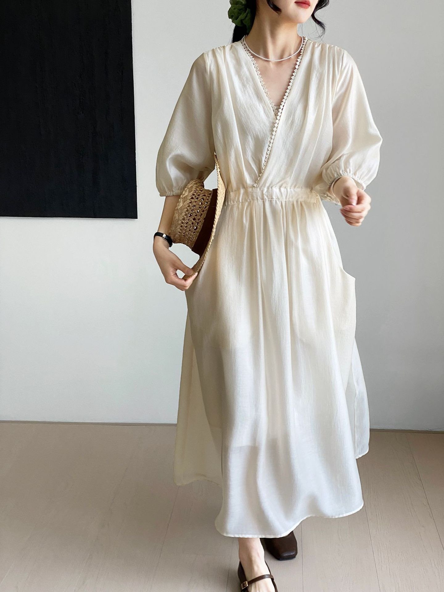 jasmine tea Korean V-neck lace waist green pearl loose dress women 