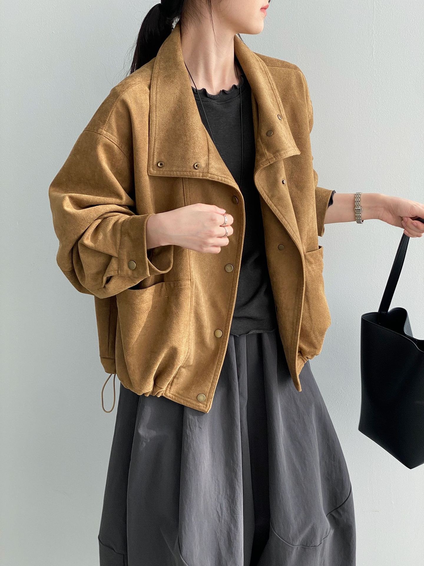 Then Palm Sunset Retro Collar Suede Jacket for Petite Women, Casual and Relaxed Short Jacket