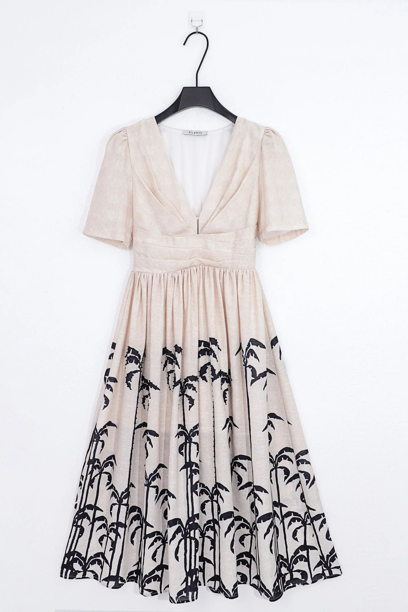 Beige Linen-Blend Midi Dress with Black Palm Tree Print