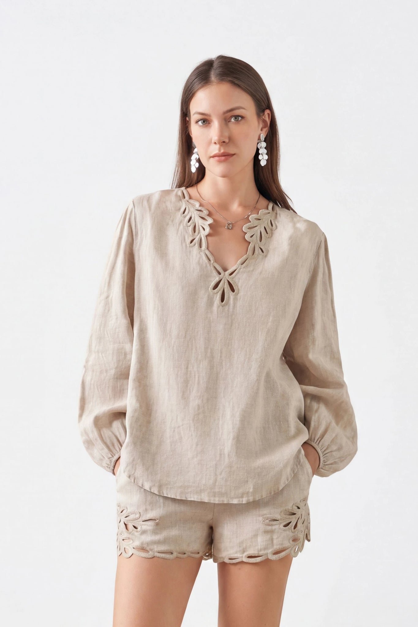 Beige Viscose-Linen Blend Shorts with Cutwork Embroidery Trim