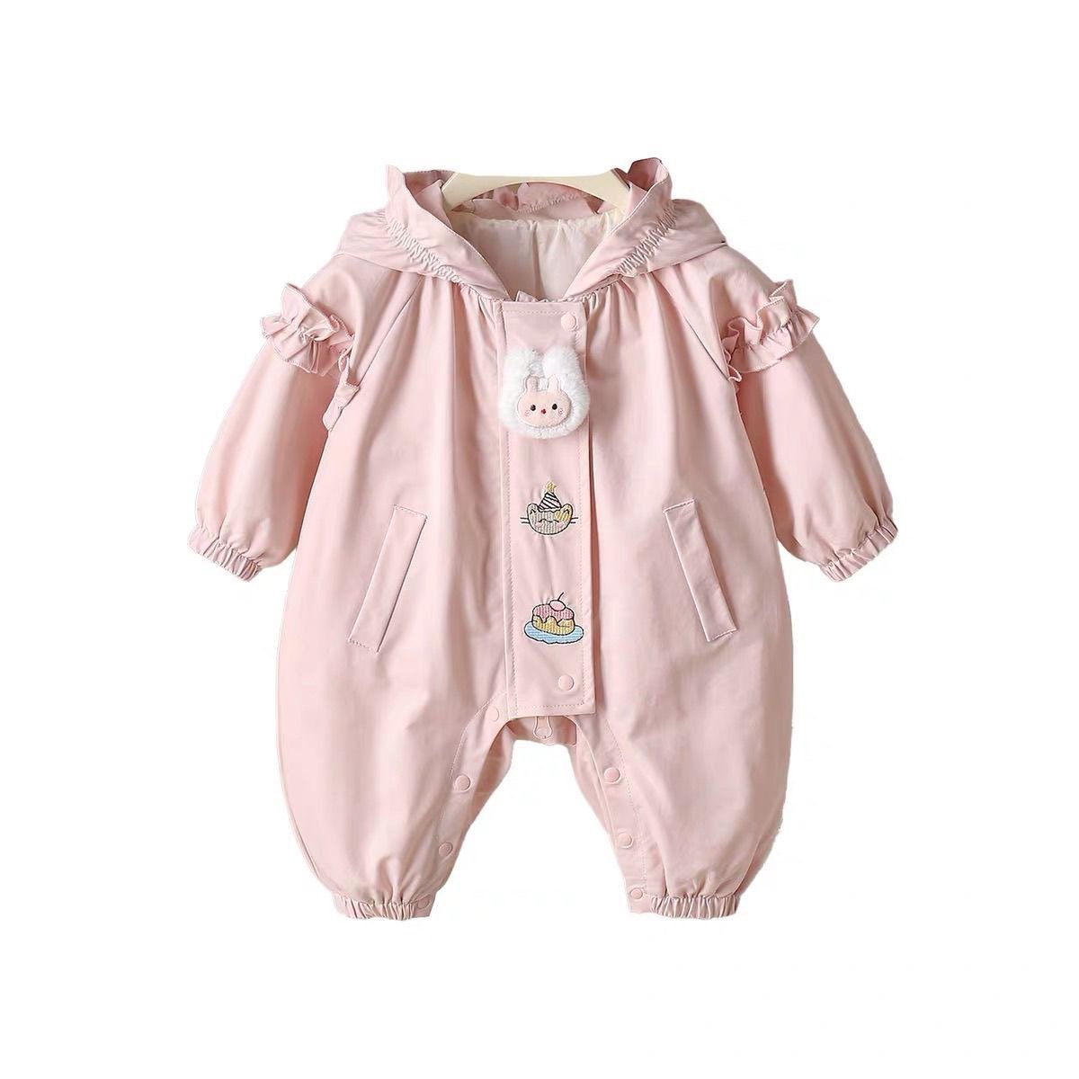 Baby Jacket Spring and Autumn New Style Double-Layer Jumpsuit Outdoor Clothing for Girls, Hooded Newborn Romper