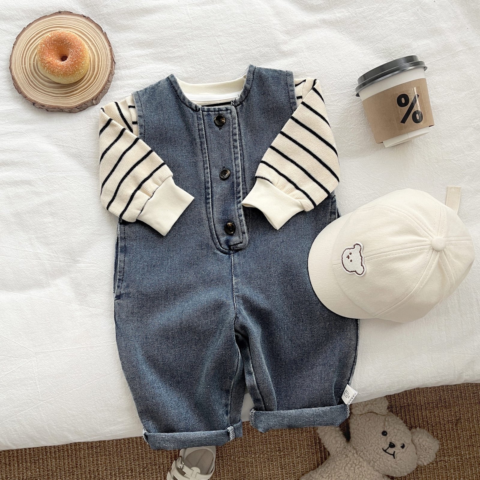 Baby Clothes Autumn suit Denim Overalls Baby's Autumn Striped Top Super Cute Two-piece Suit
