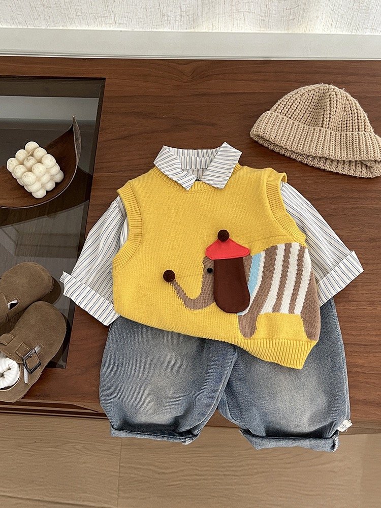 Boys' New Spring and Autumn Knitted Vest, Baby Girl's Korean-Style Sweater Vest, Infant Cartoon Casual Outing Top