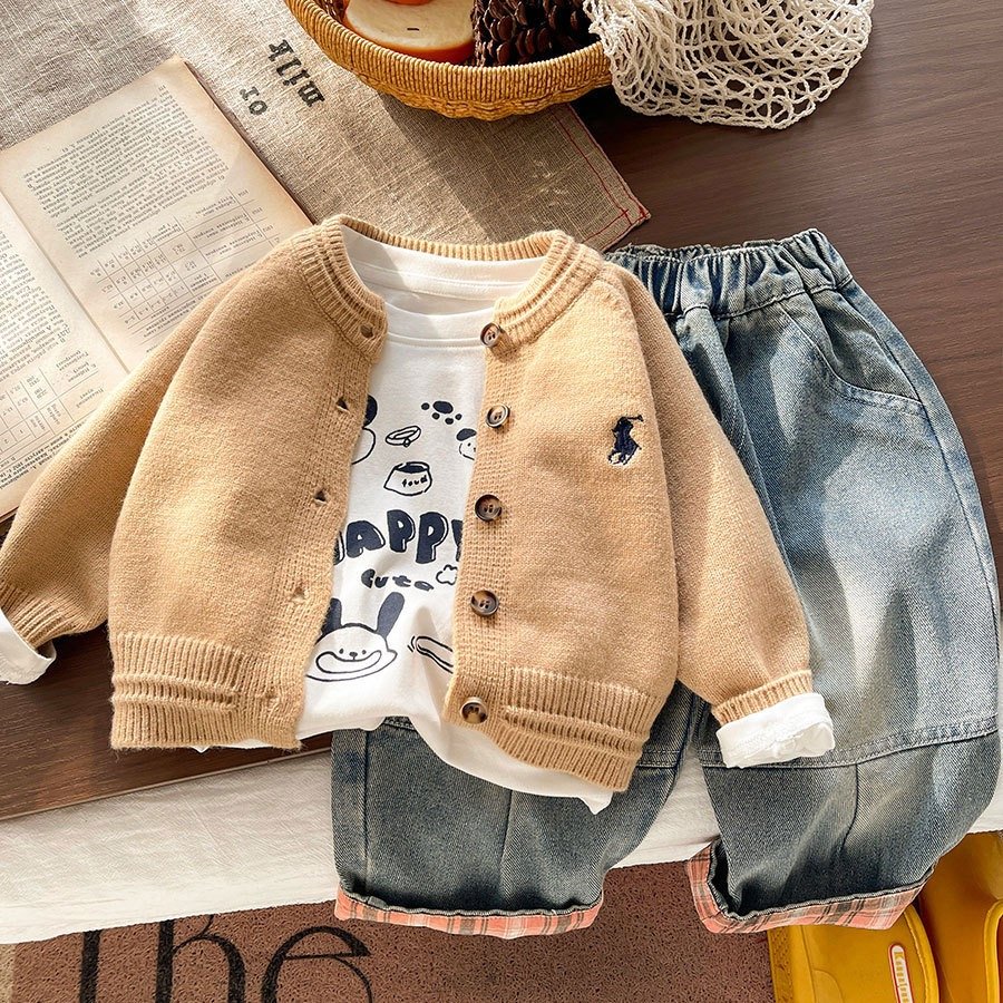 Healing Style~ Baby Spring Outfit Set, New Children's Knitted Cardigan, Jeans, Boys' Spring Outfit Three-Piece Set