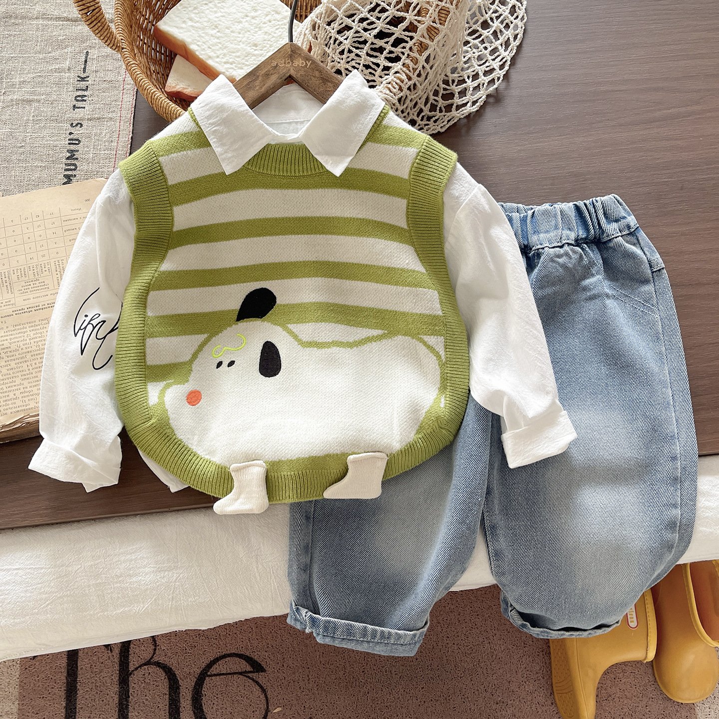 Boys' Spring and Autumn Knitted Vest Shirt Set, Cute Cartoon Striped Vest, Versatile Denim Three-Piece Set