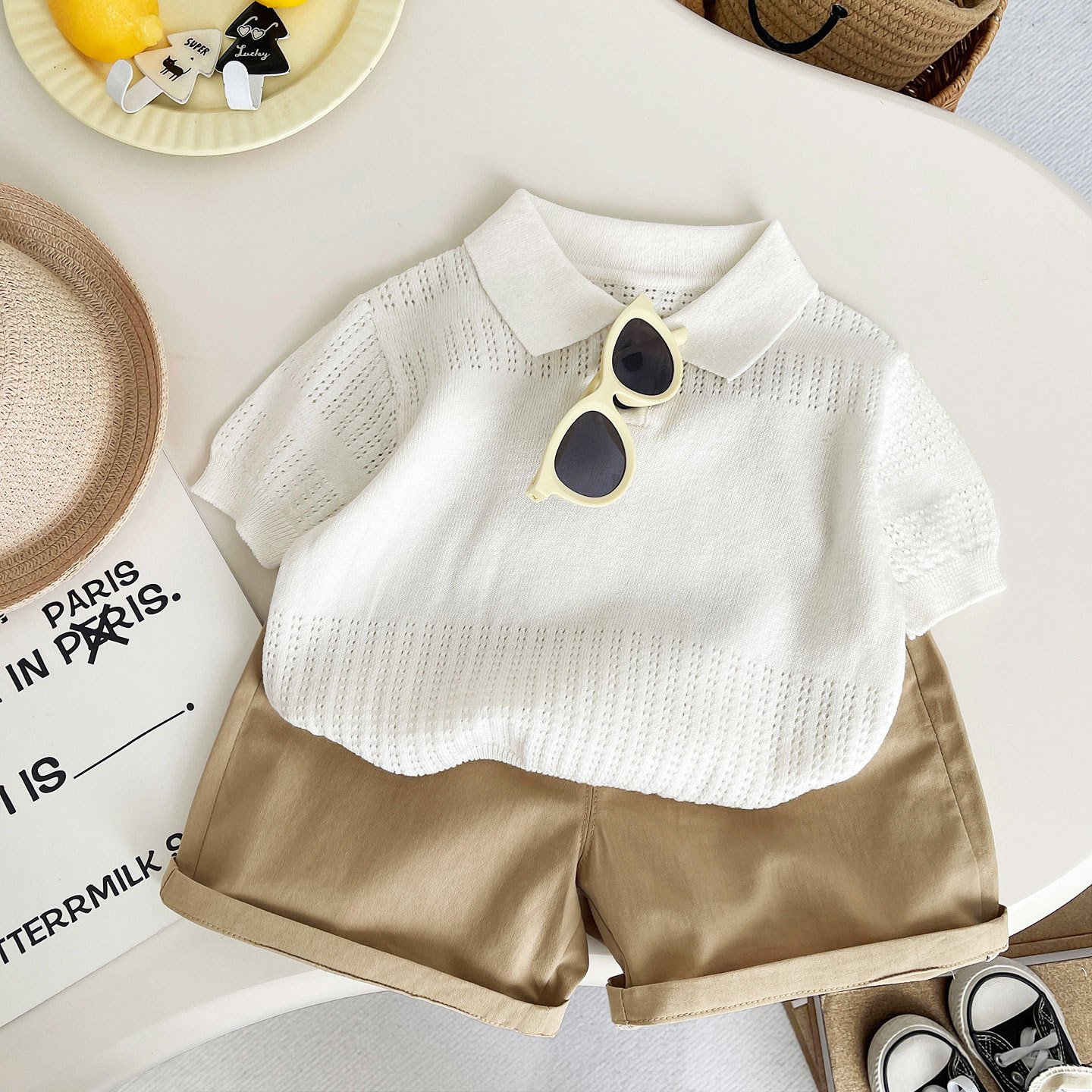Boys' short-sleeve knitted polo shirt set 2026 summer new style baby boy turn-down collar old money style casual two-piece set