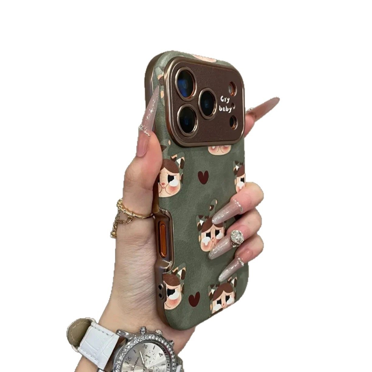 Green Background Crying Baby Suitable for Apple 17Promax Mobile Phone Case New Iphone16 High-End All-Inclusive Lens Autumn and Winter Case