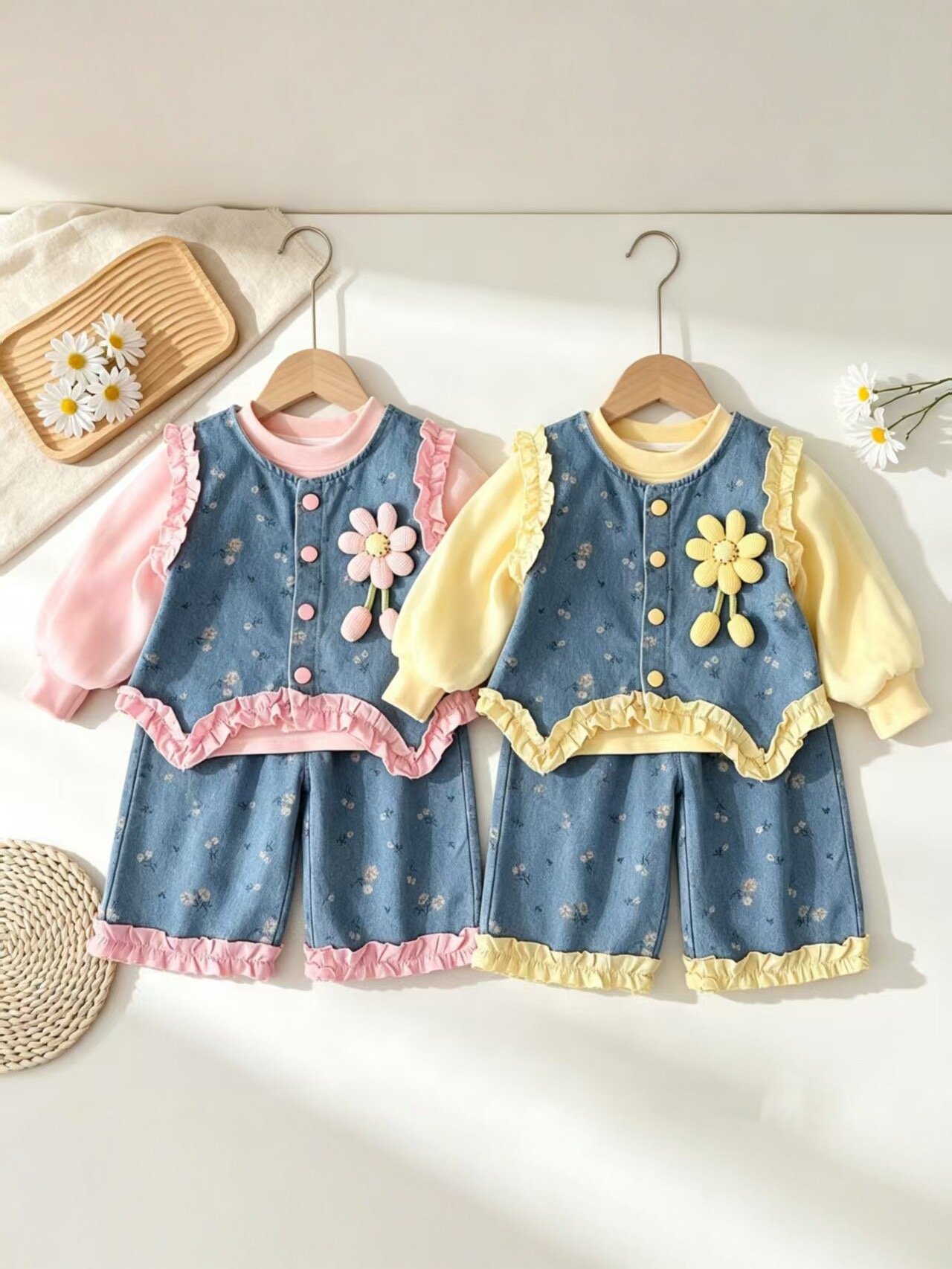 Girls' Spring and Autumn Set 2026 New Style Stylish Floral Denim Vest Two-Piece Set, Toddler 3D Floral Casual Pants