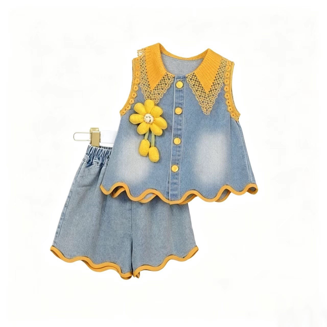 Girls' Summer Fresh Floral Denim Set 2026 New Stylish Children's Hollow-Out Collar Vest Two-Piece Set