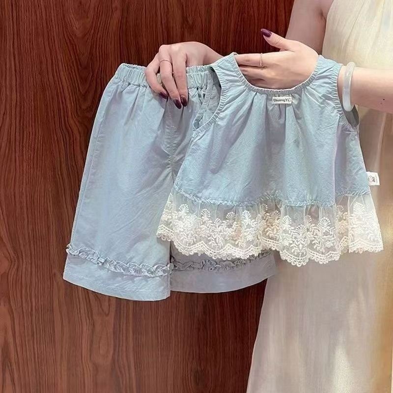 Girls' Summer Outfit 2026 New Stylish Lace Trim Sleeveless Top and Wide-Leg Pants Casual Two-Piece Set for Girls