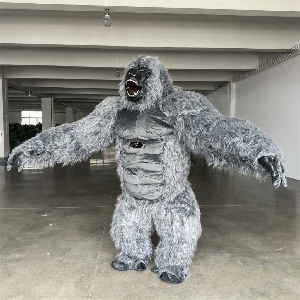 Best Seller King Kong Monkey Long Fur Gray Gorilla Inflatable Mascot Costume Suit for Adults for Party Carnival