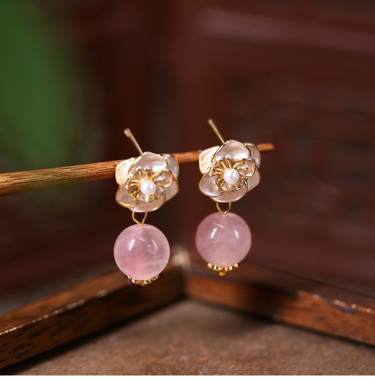 Natural Rose Quartz Camellia Earrings