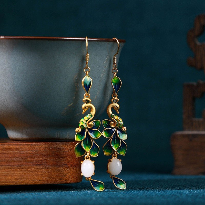 Chinese-Style Enamel Gradient Peacock Earrings