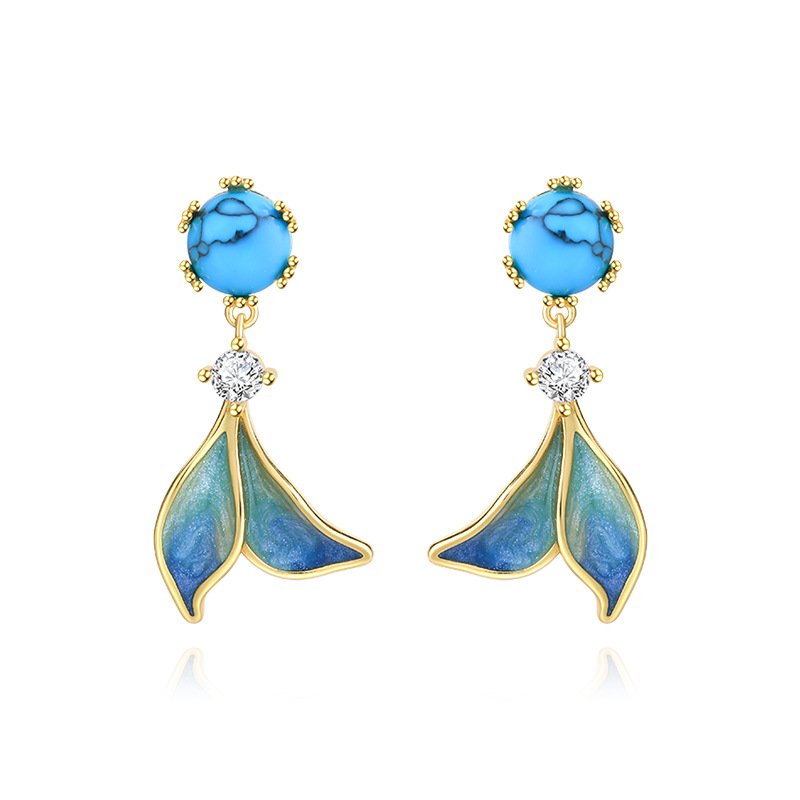 925 Silver Women's Dolphin Fish-Tail Earrings with Imitation Turquoise Enamel