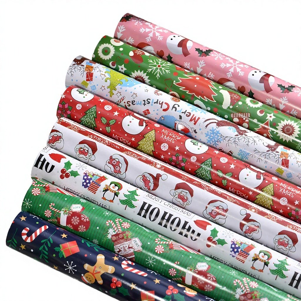 Christmas Wrapping Art Paper 100GSM Recyclable Single Sided Coated Gift Packaging Roll Santa Snowman Tree Patterns