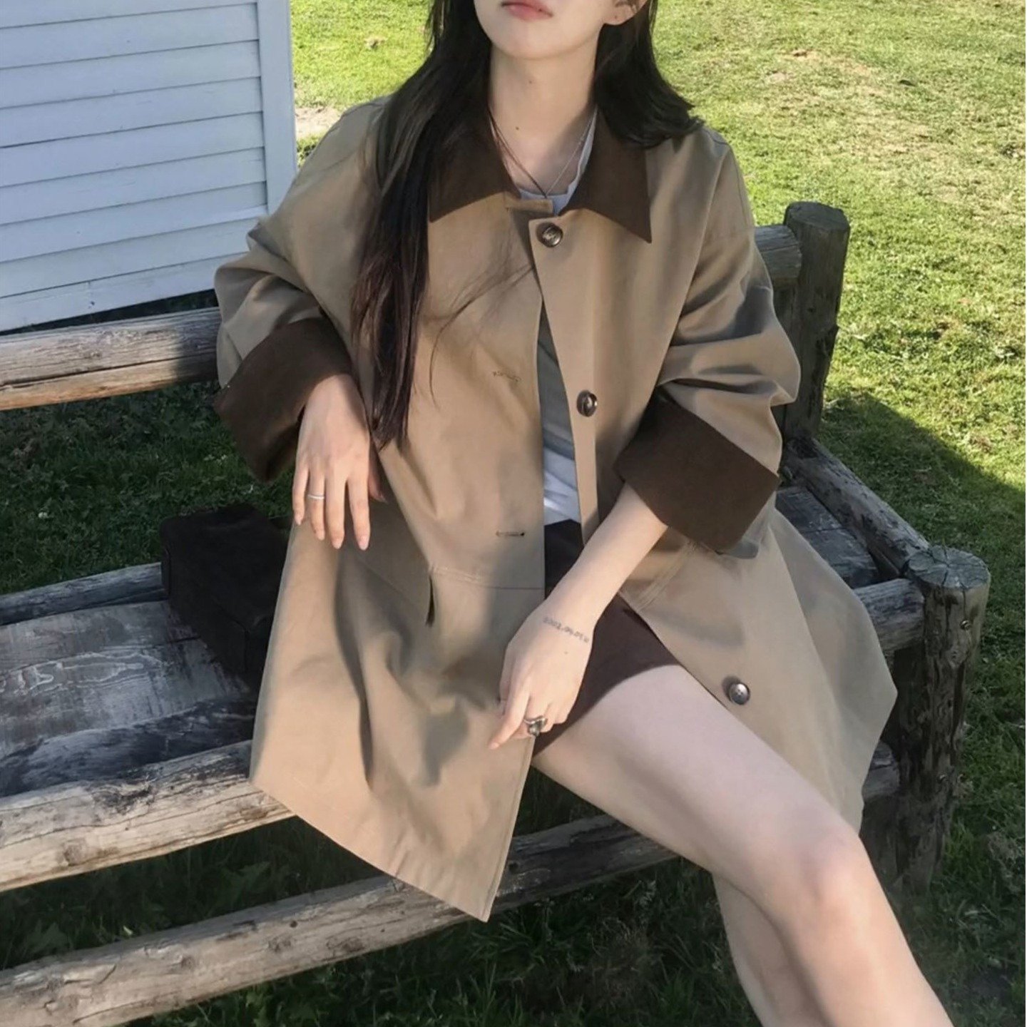 Khaki color-blocked lapel trench coat for women, new spring and autumn style for 2026, high-end and beautiful, Korean fashion coat