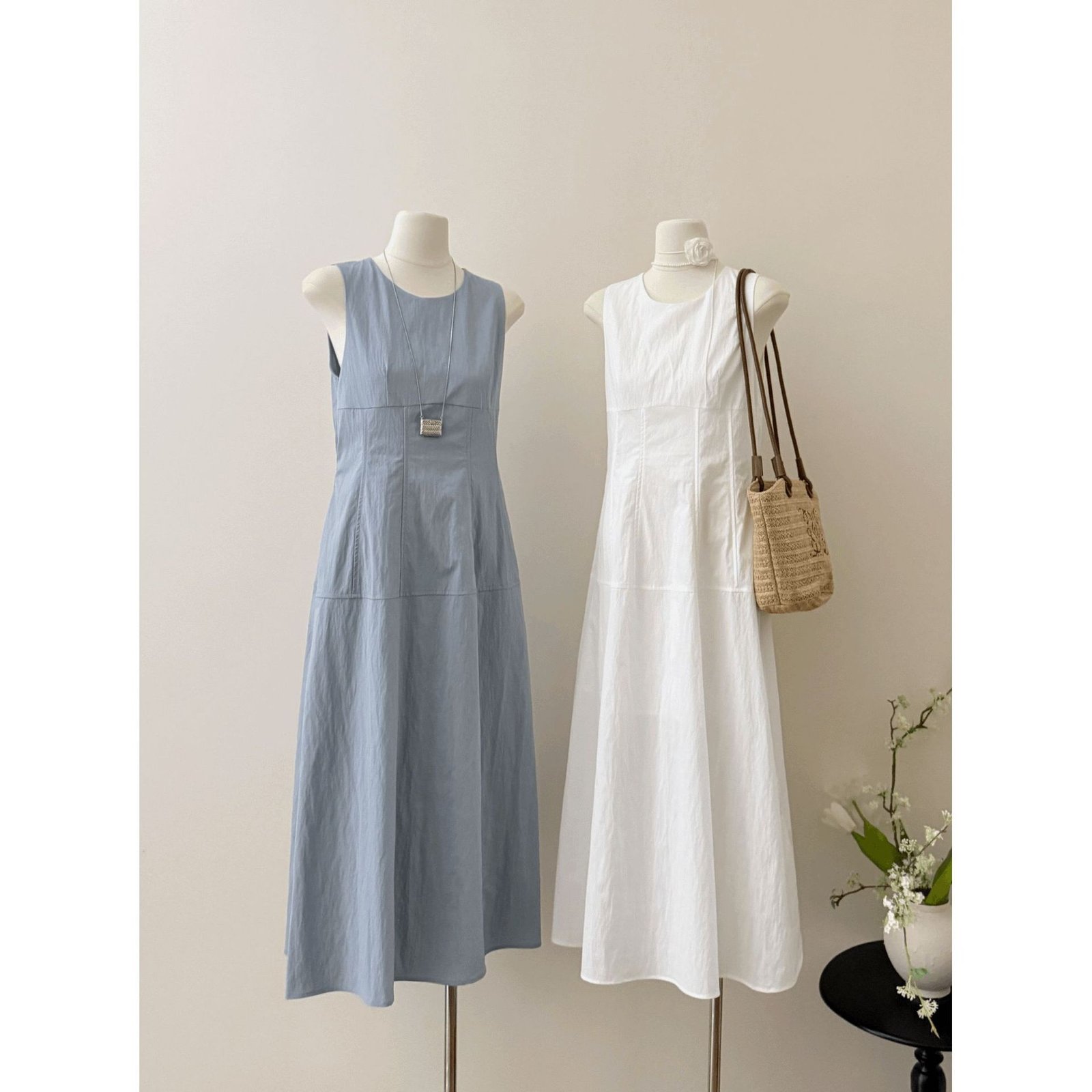 Minimalist style casual sleeveless vest dress for women, summer 2026, French style, fitted waist, simple long dress, versatile