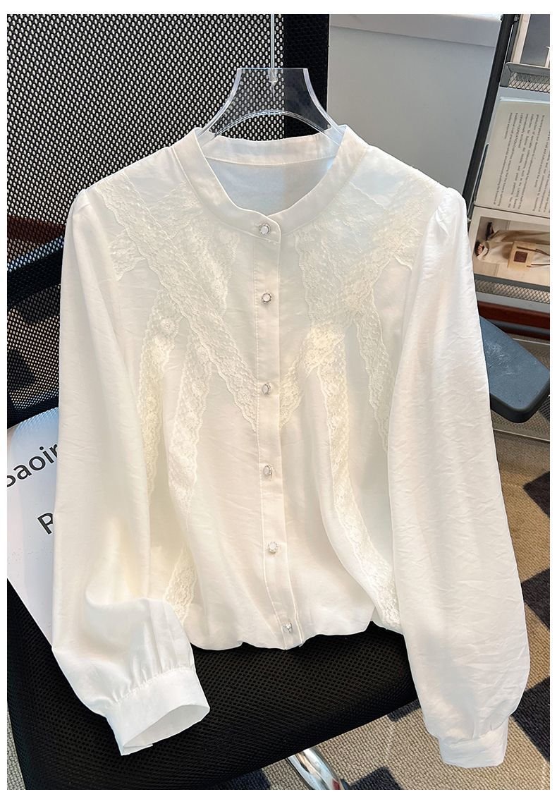 French-style white shirt for women, high-end feel, new spring 2025 style, super pretty long-sleeved blouse with lace trim