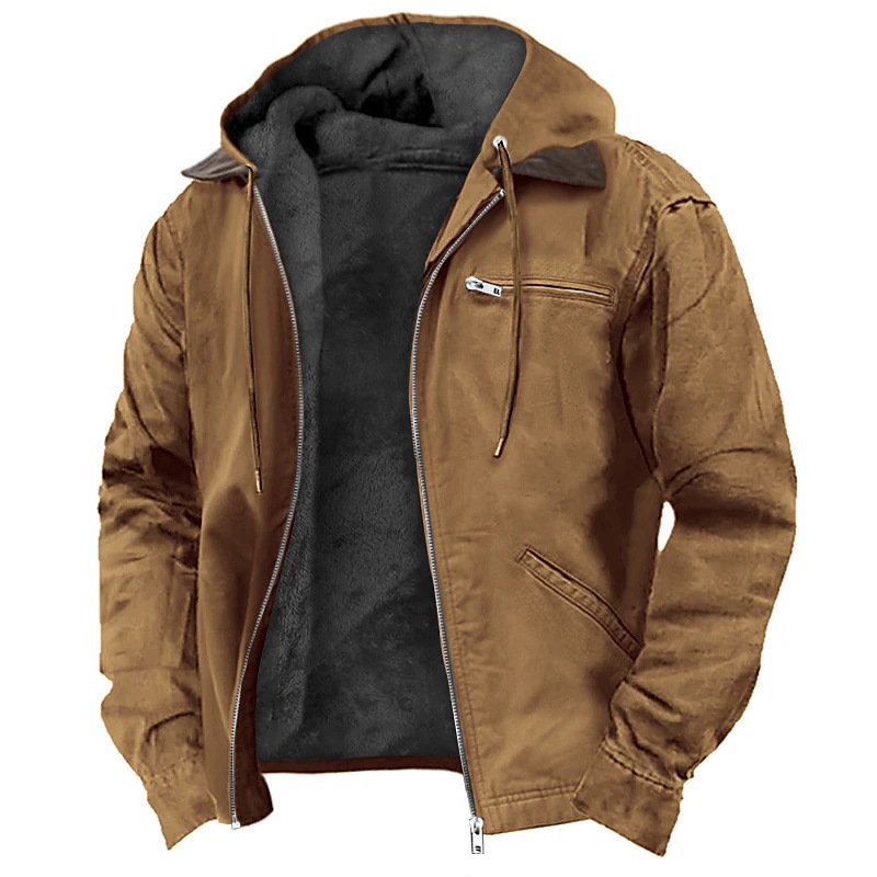 European and American  Exclusive Solid Color Hooded Cotton Casual Men's Fleece-Lined Zip Pocket Jacket Coat