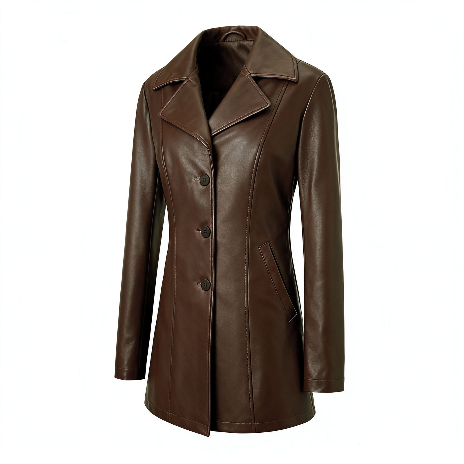 Autumn and Winter Slim-Fit Mid-Length Leather Coat with Lapel and Single-Breasted Design, Waist-Cinching Leather Jacket for Women, Direct Source Supply