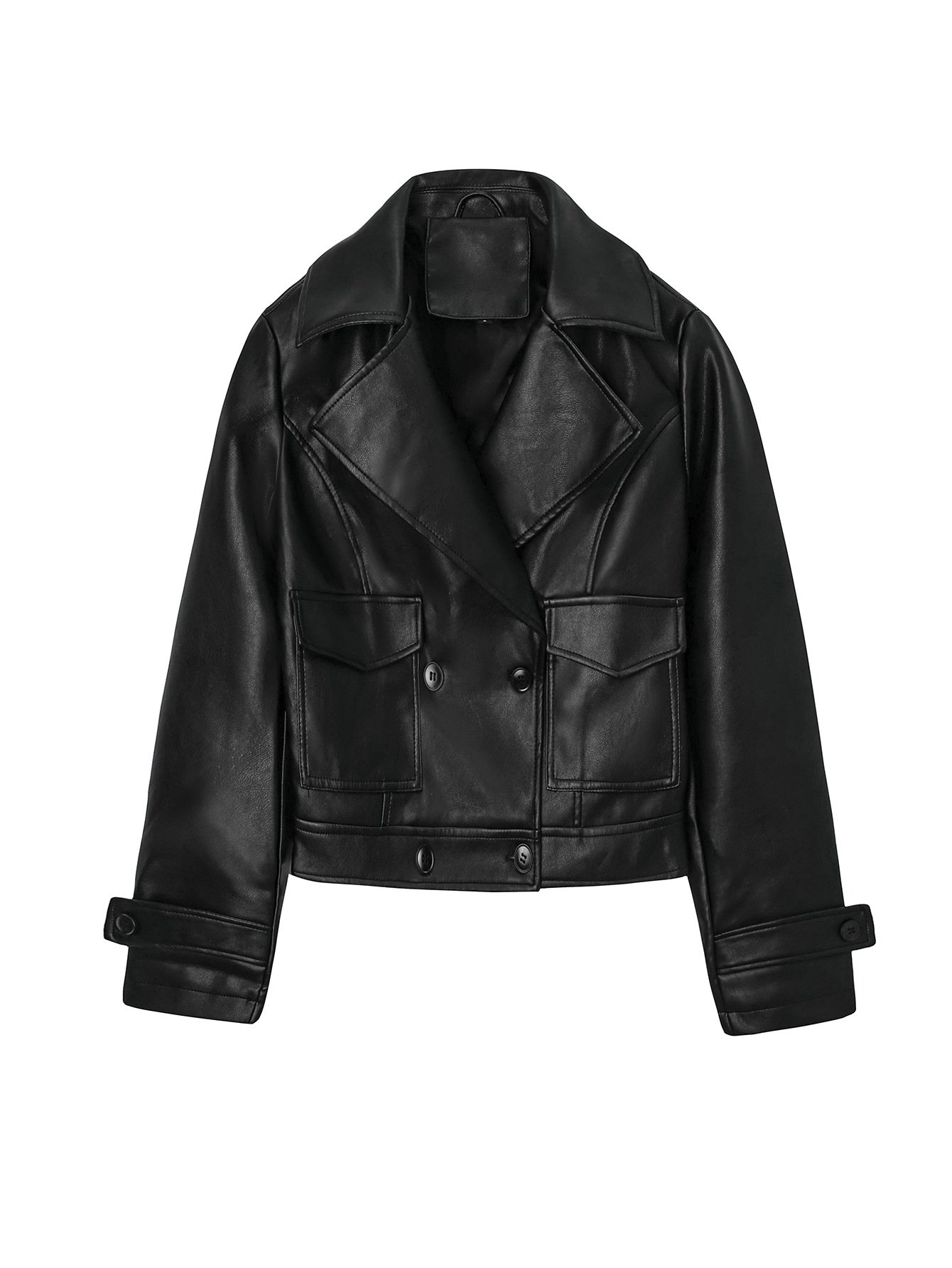 Women’s Double-Breasted PU Leather Blazer – Classic Street Style