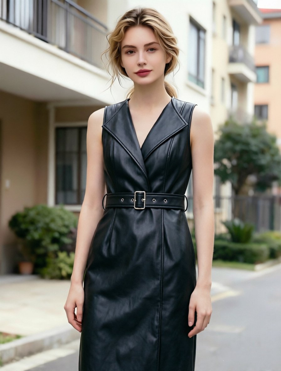 Women’s Sleeveless PU Leather Midi Dress – Elegant Street Style