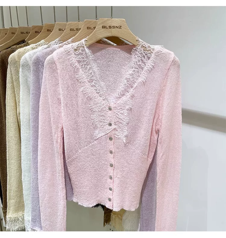 Lace Long Sleeve Knitted Cardigan Sweater Coat Women's Autumn Design Sense Niche Inner Base Shirt Short V-Neck Top