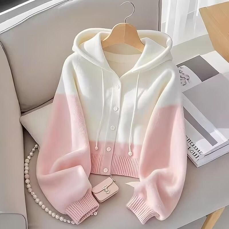 Women’s Gradient Color Hooded Knit Cardigan – Loose-Fit Long-Sleeve Sweater Jacket | Autumn/Winter Fashion