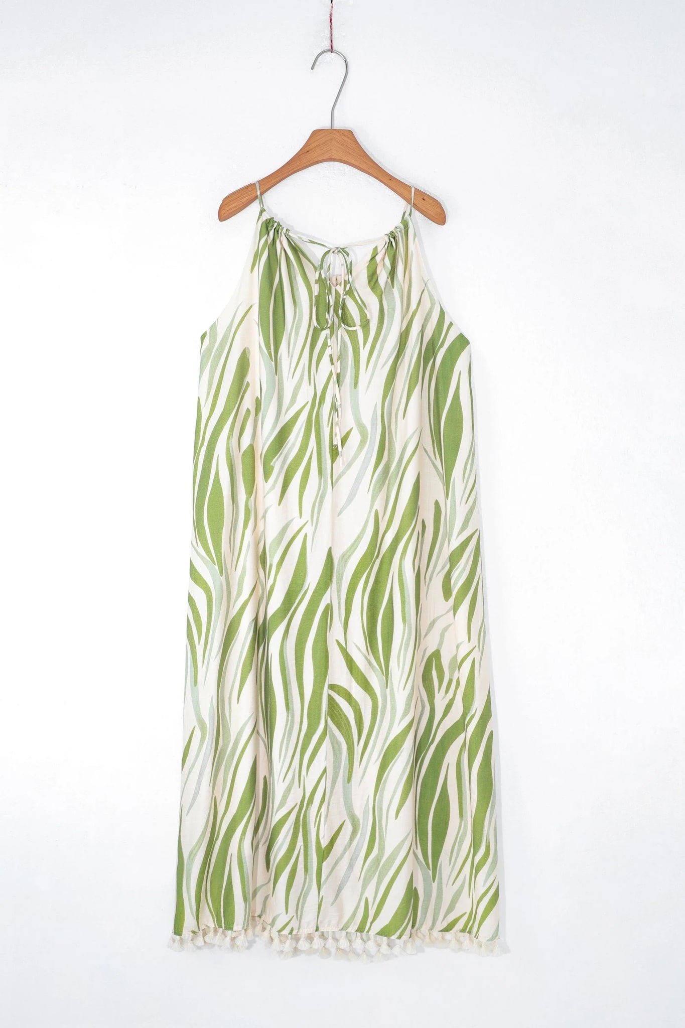 Green Leaf Print Halter Maxi Dress with Pom-Pom Hem
